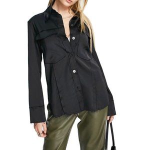 Topshop Shirt Womens 2 Black Long Sleeve Co-ord Satin Raw Edges Button Front